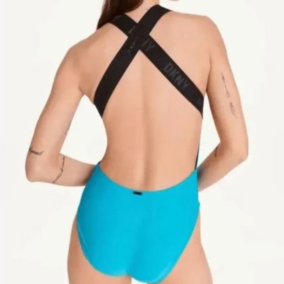 DKNY  Logo Cross-Back One-Piece Swimsuit Tropical Blue - Picture 10 of 10